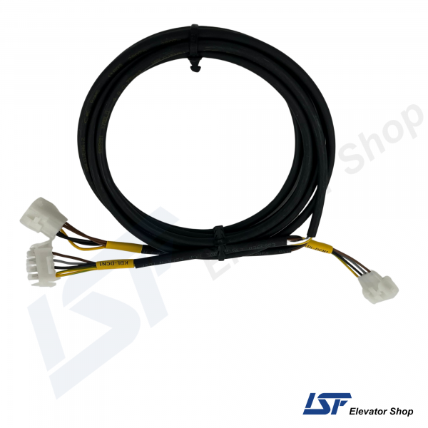 a black cable with white and yellow wires. The Arkel KBL-DCN1 Door Contacts Cable is a 3.3-meter main line cable designed for use in elevator systems.