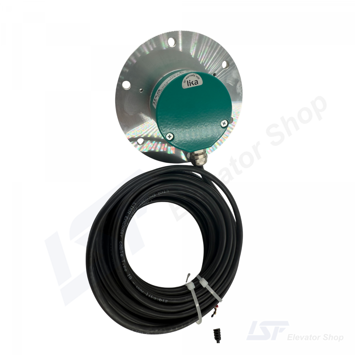 Rear view of the Lika encoder displaying the green protective cover and the cable gland.