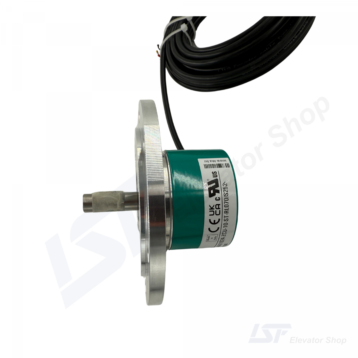 Side view of a Lika I58S incremental encoder with its mounting flange and black cable, used for elevator systems