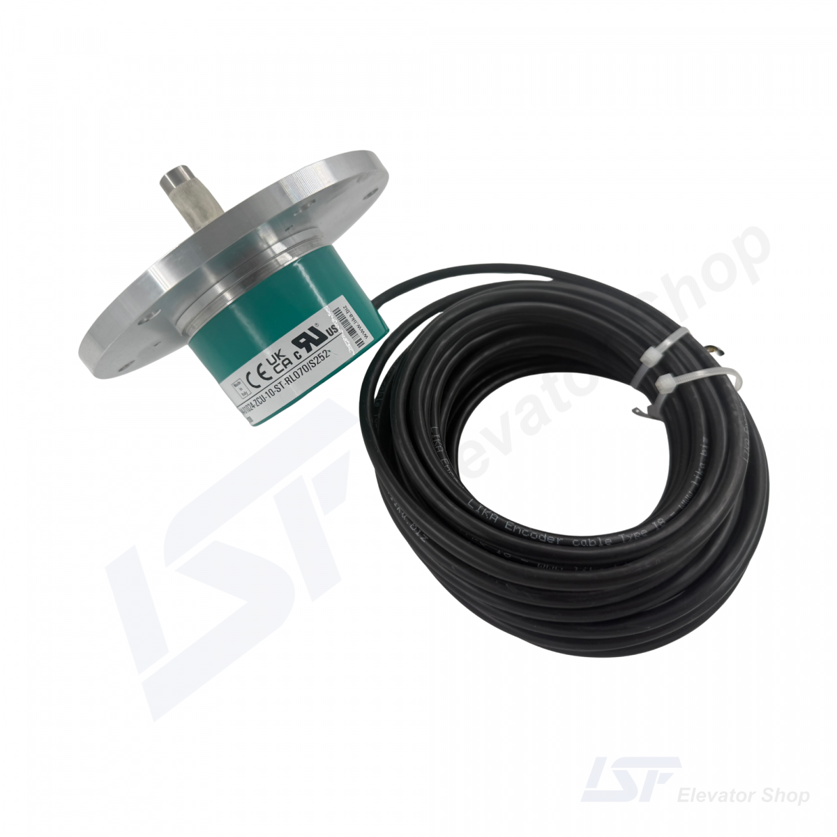 The Lika I58S elevator encoder shown with its neatly coiled black connection cable.