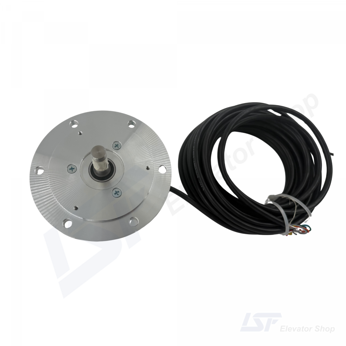 Top-down view of the Lika encoder, showing the solid shaft and the bolt pattern on the aluminum mounting flange.